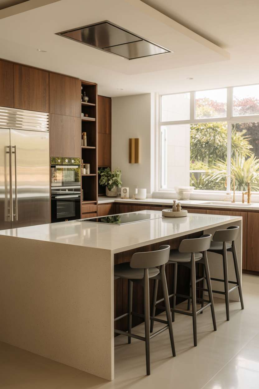 24 Elegant Modern Kitchen Design Ideas to Inspire You 8 Elegant kitchen with charcoal bar stools and gold fixtures