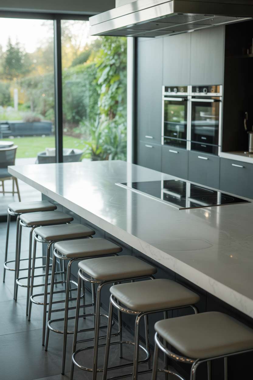 24 Elegant Modern Kitchen Design Ideas to Inspire You 9 Modern kitchen with chrome bar stools and built-in appliances