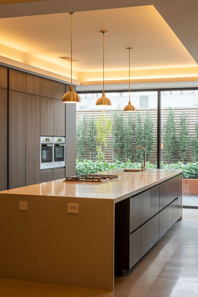 24 Elegant Modern Kitchen Design Ideas to Inspire You 11 Modern kitchen with herb garden view and brass pendant lights