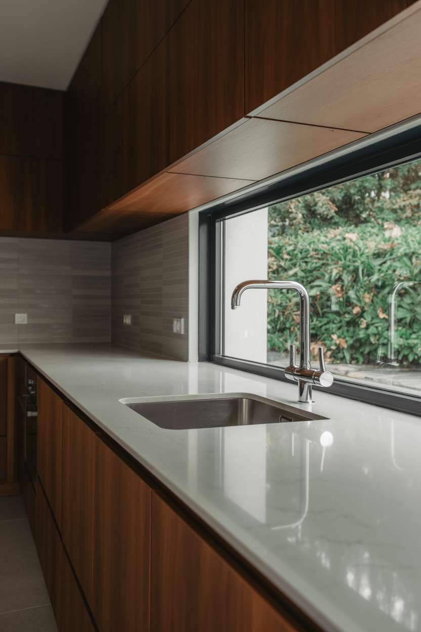 24 Elegant Modern Kitchen Design Ideas to Inspire You 13 Modern kitchen with dark walnut cabinetry and grey tile