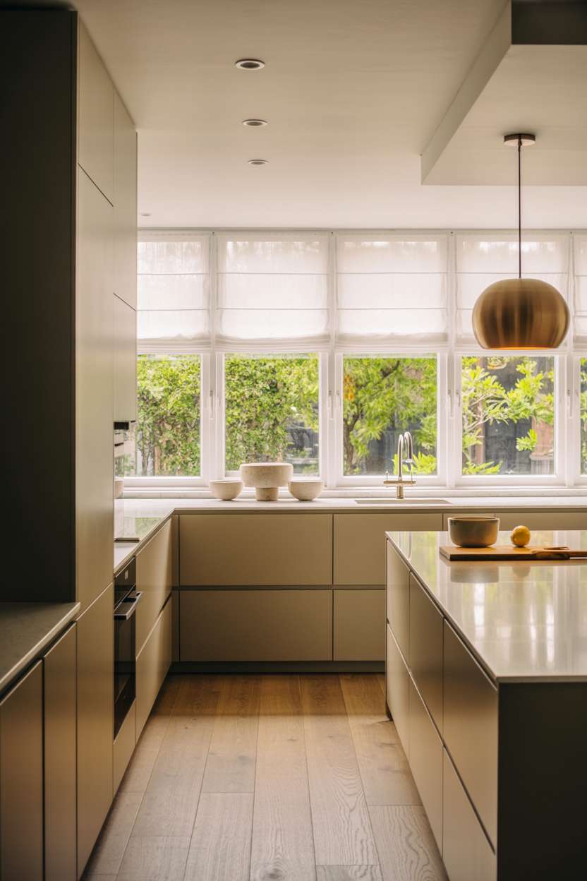 24 Elegant Modern Kitchen Design Ideas to Inspire You 15 Modern kitchen with ceramic bowls and brass pendant light