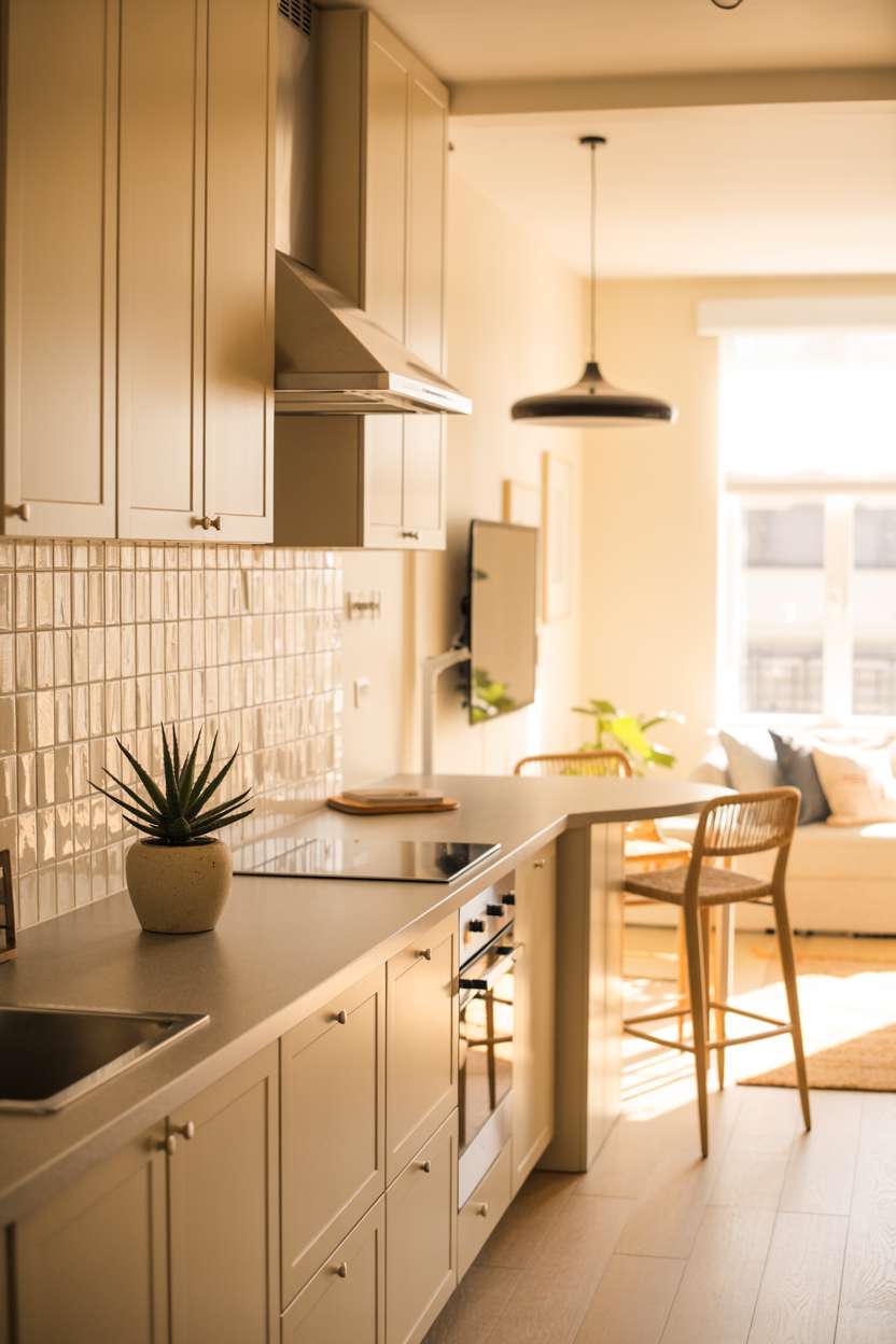 24 Elegant Modern Kitchen Design Ideas to Inspire You 17 Modern kitchen with succulent plant and woven bar stools