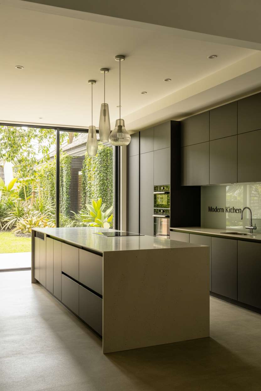 24 Elegant Modern Kitchen Design Ideas to Inspire You 21 Modern kitchen with three stylish pendant lights and garden view