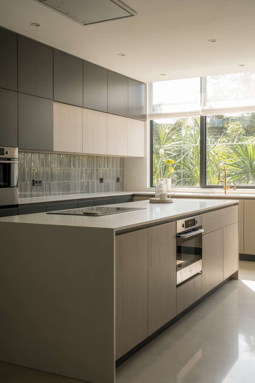 24 Elegant Modern Kitchen Design Ideas to Inspire You 22 Modern kitchen with hidden pop-up power outlet and mixed finishes