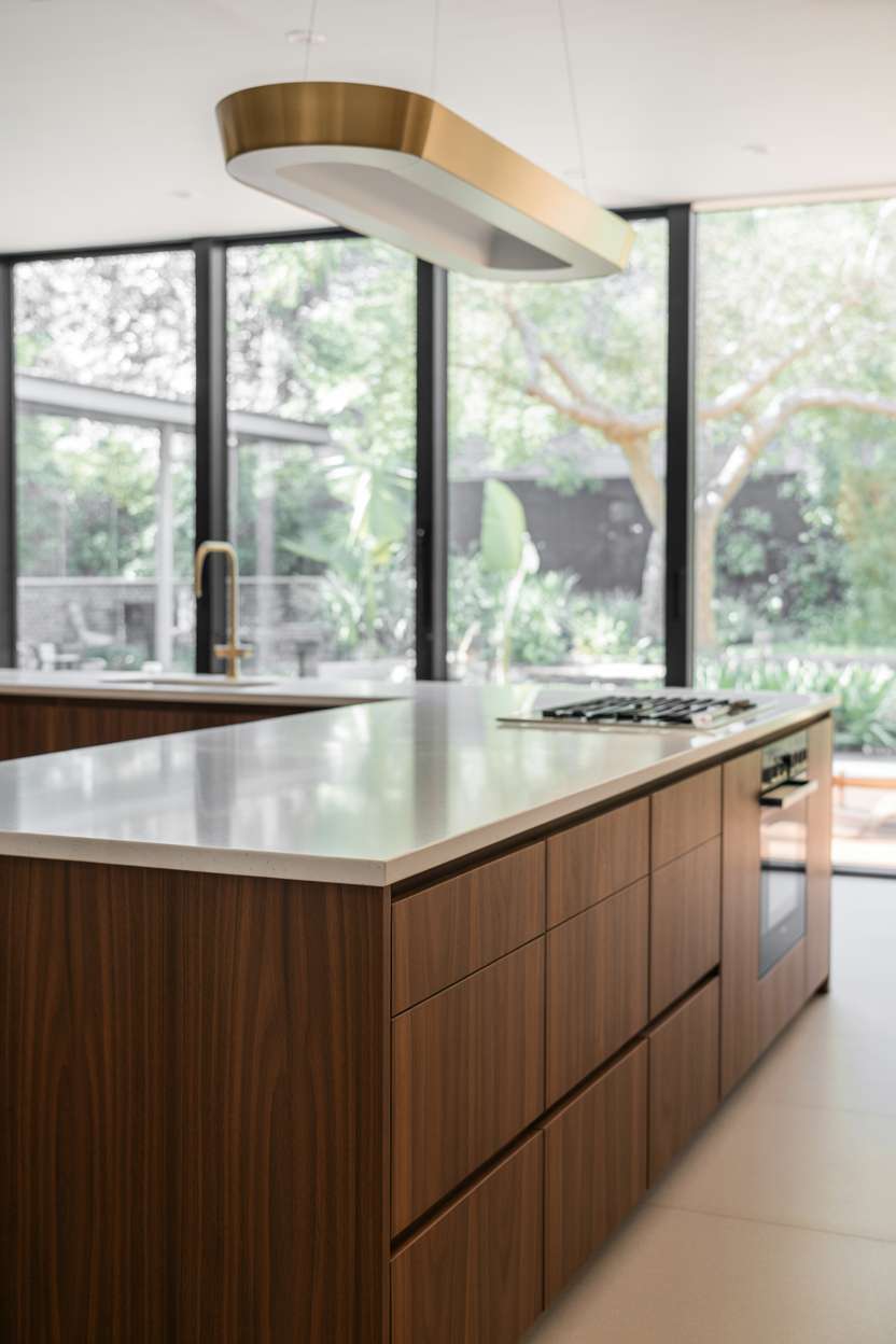 24 Elegant Modern Kitchen Design Ideas to Inspire You 24 Modern kitchen with floor-to-ceiling windows and brass pendant light