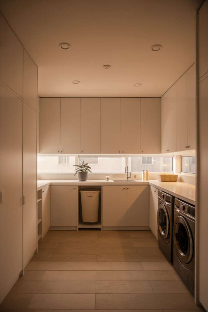 10 Beautiful Modern Laundry Room Ideas That Inspire Joy 1 Minimalist modern laundry room with white flat-front cabinets and quartz countertop