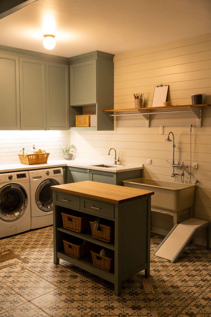 10 Beautiful Modern Laundry Room Ideas That Inspire Joy 10 Multifunctional modern laundry room with pet washing station, island, and fold-out desk