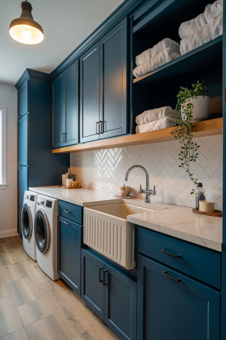 10 Beautiful Modern Laundry Room Ideas That Inspire Joy 2 Modern laundry room with navy lower cabinets, white uppers, and matte black hardware