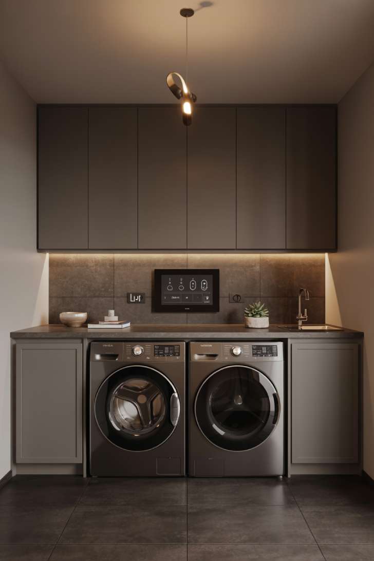 10 Beautiful Modern Laundry Room Ideas That Inspire Joy 3 Smart modern laundry room with graphite WashTower, panel cabinetry, and integrated tech details