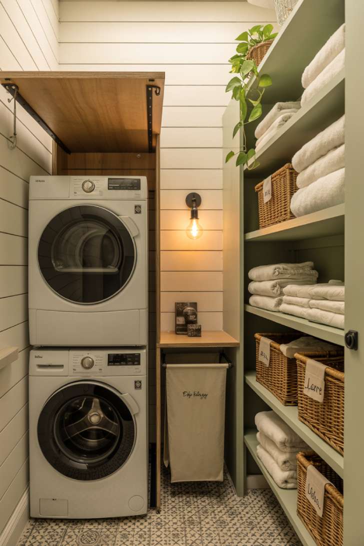 10 Beautiful Modern Laundry Room Ideas That Inspire Joy 4 Small modern laundry room with stacked appliances, sage green shelving, and patterned tile floor