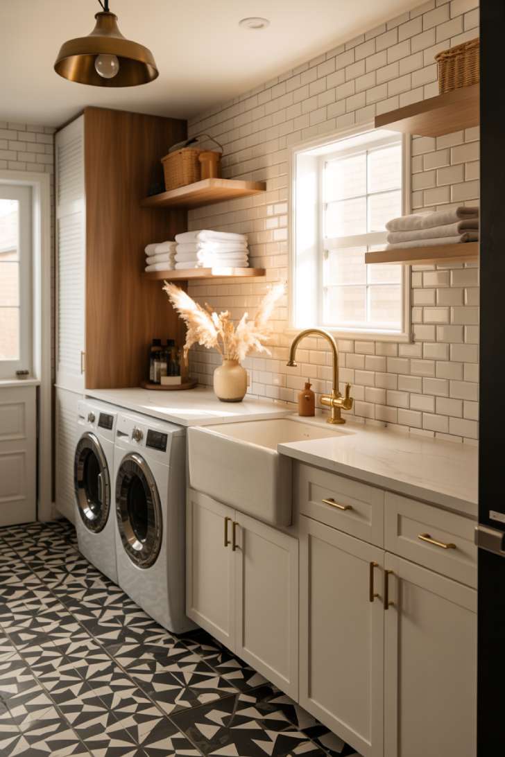 10 Beautiful Modern Laundry Room Ideas That Inspire Joy 5 Modern laundry room with geometric patterned floor tile, white cabinetry, and brass hardware