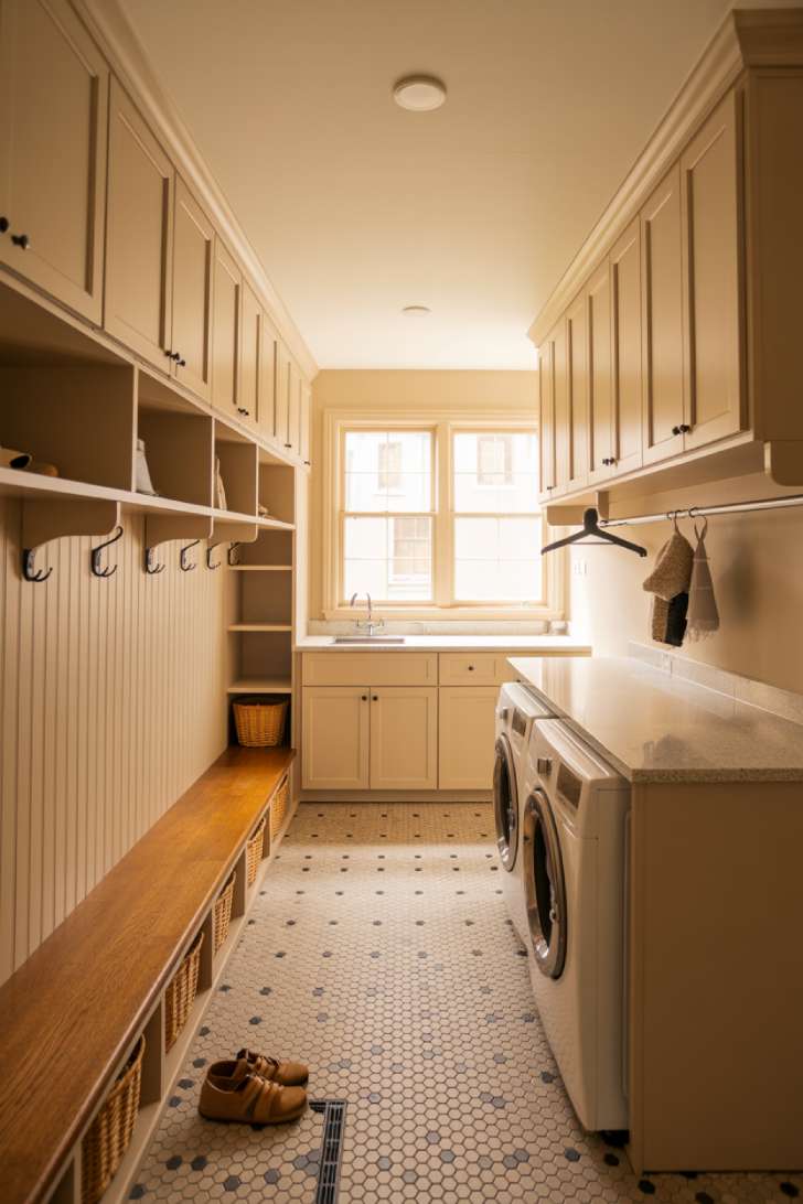 10 Beautiful Modern Laundry Room Ideas That Inspire Joy 6 Combined modern laundry room and mudroom with shaker cabinetry, oak bench, and hexagon tile floor