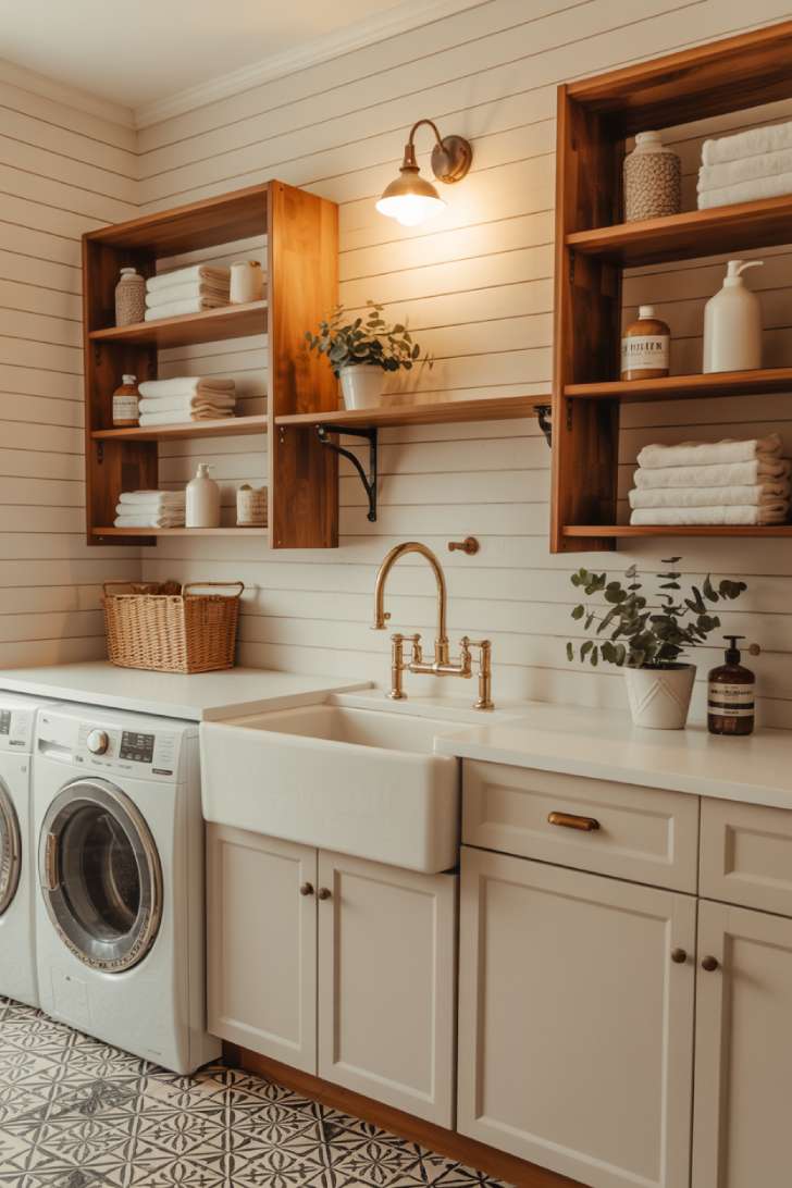 10 Beautiful Modern Laundry Room Ideas That Inspire Joy 7 Farmhouse-modern laundry room with shiplap walls, apron sink, brass fixtures, and patterned tile