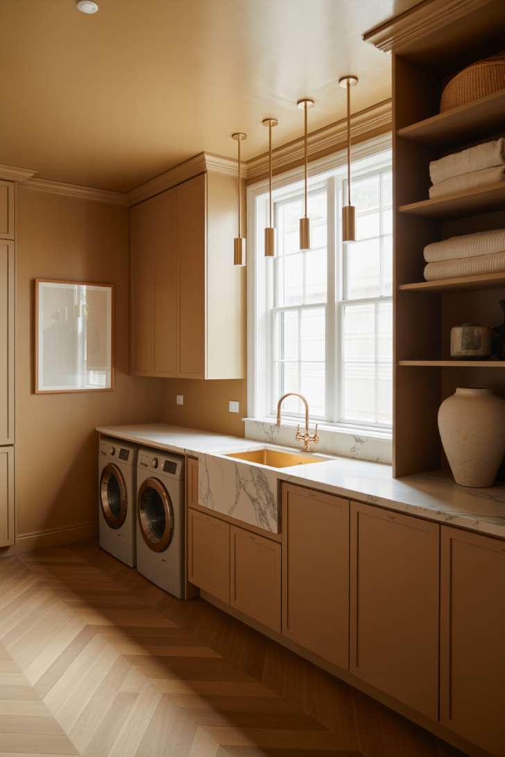 10 Beautiful Modern Laundry Room Ideas That Inspire Joy 8 Luxurious modern laundry room with marble quartz countertop, brass pendants, and floor-to-ceiling cabinetry