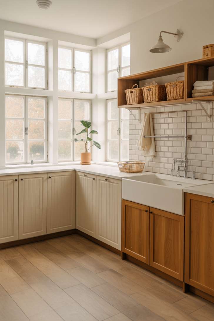 10 Beautiful Modern Laundry Room Ideas That Inspire Joy 9 Bright modern laundry room with oak lower cabinets, white shaker uppers, and natural light