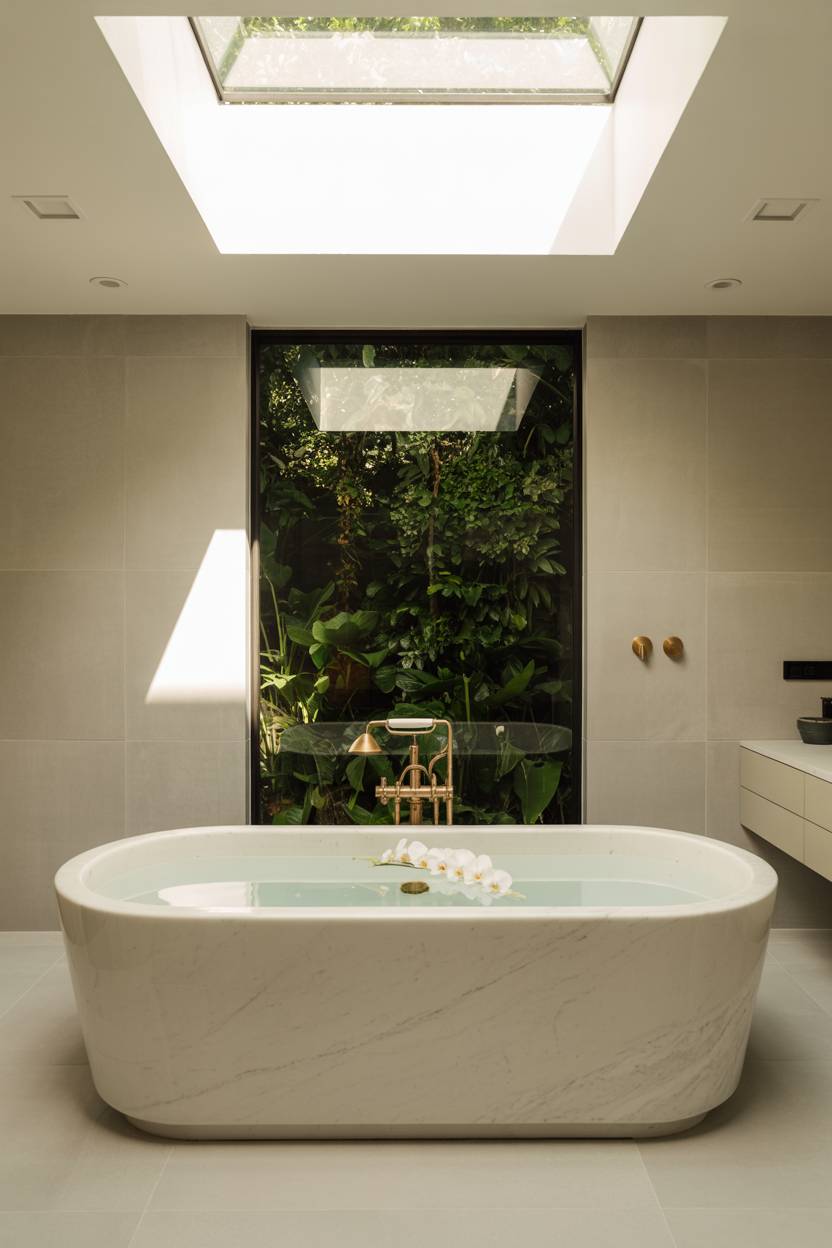 23 Modern Luxury Bathroom Design Ideas for a Stylish Home 1 Modern luxury bathroom with freestanding white marble bathtub, garden view window, and brushed gold fixtures