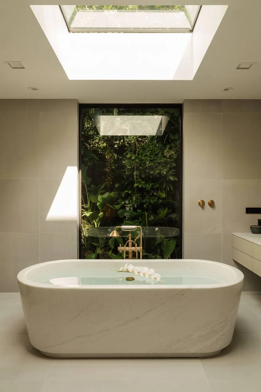 23 Modern Luxury Bathroom Design Ideas for a Stylish Home 1 Modern luxury bathroom with freestanding white marble bathtub, garden view window, and brushed gold fixtures