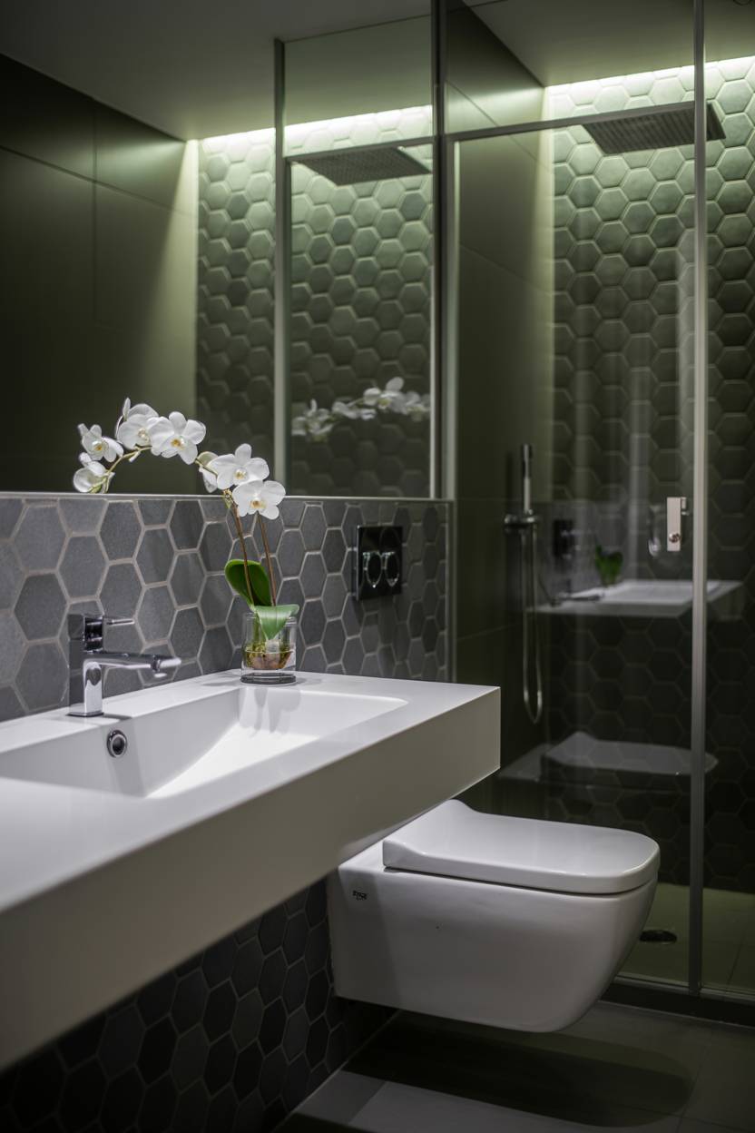 23 Modern Luxury Bathroom Design Ideas for a Stylish Home 2 Minimalist bathroom featuring dark grey hexagonal tiles, floating white sink, and glass-enclosed rain shower