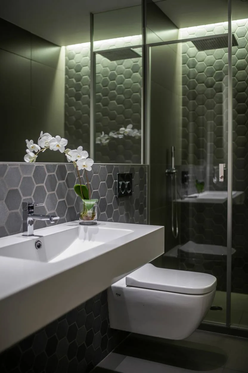 23 Modern Luxury Bathroom Design Ideas for a Stylish Home 2 Minimalist bathroom featuring dark grey hexagonal tiles, floating white sink, and glass-enclosed rain shower
