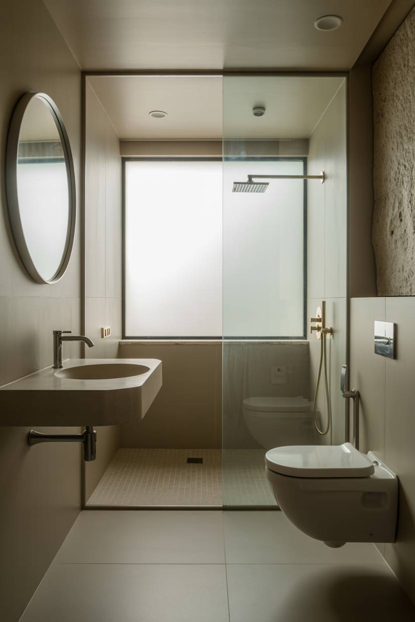 23 Modern Luxury Bathroom Design Ideas for a Stylish Home 3 Modern bathroom with floating sink, wall-mounted toilet, and limestone accent wall with rainfall shower