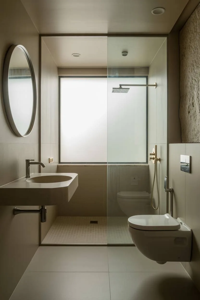 23 Modern Luxury Bathroom Design Ideas for a Stylish Home 3 Modern bathroom with floating sink, wall-mounted toilet, and limestone accent wall with rainfall shower