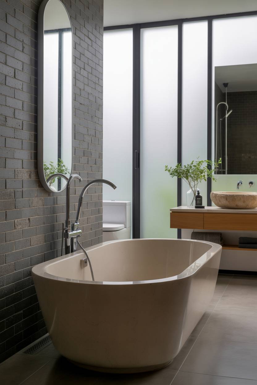 23 Modern Luxury Bathroom Design Ideas for a Stylish Home 4 Luxury bathroom featuring polished white stone freestanding tub against textured grey tile wall