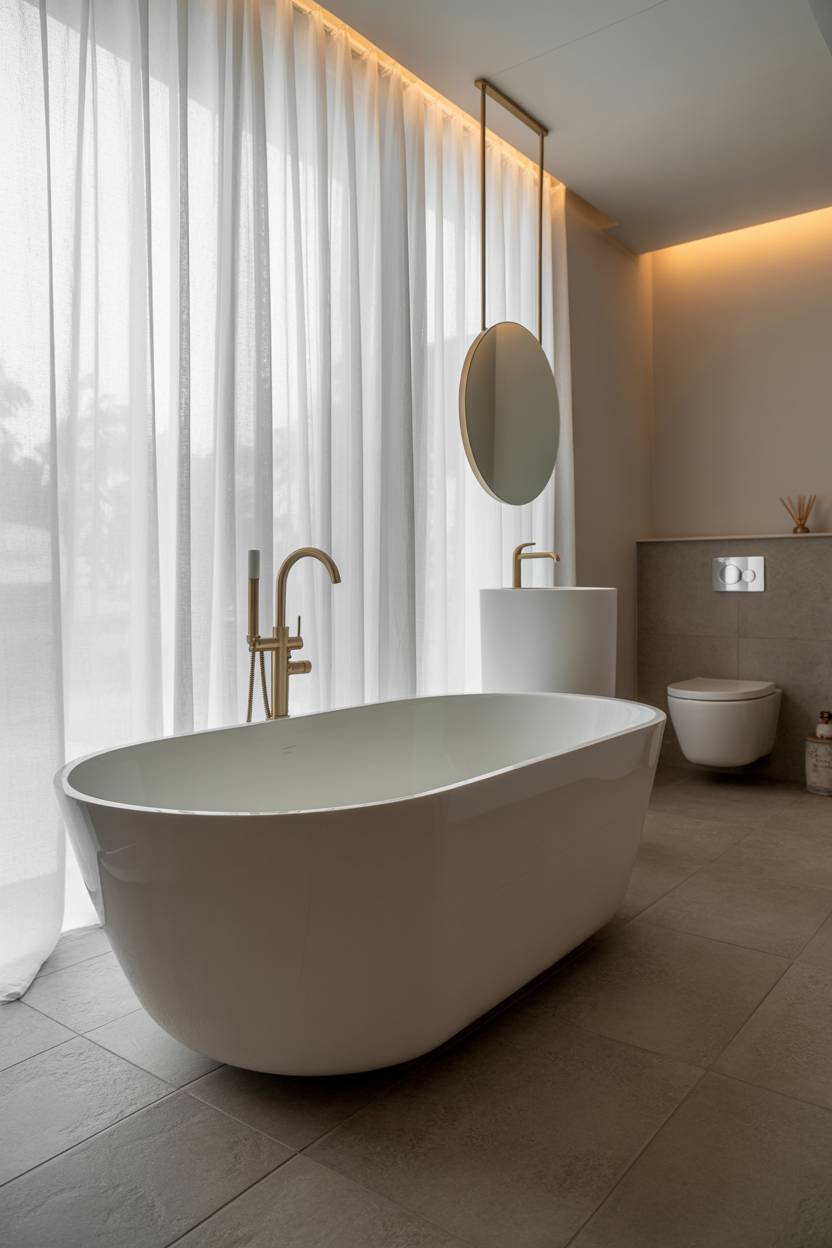 23 Modern Luxury Bathroom Design Ideas for a Stylish Home 5 Contemporary bathroom with freestanding white bathtub, floating sink, and brushed gold faucet