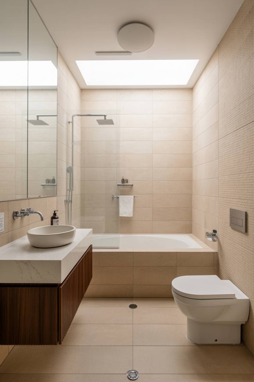 23 Modern Luxury Bathroom Design Ideas for a Stylish Home 6 Minimalist beige bathroom with wooden slat vanity, built-in bathtub, and skylight
