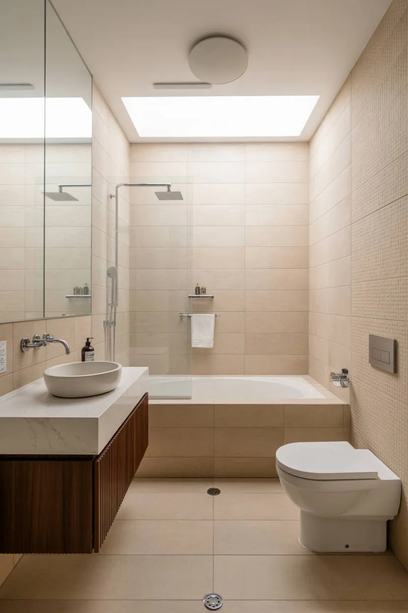 23 Modern Luxury Bathroom Design Ideas for a Stylish Home 6 Minimalist beige bathroom with wooden slat vanity, built-in bathtub, and skylight