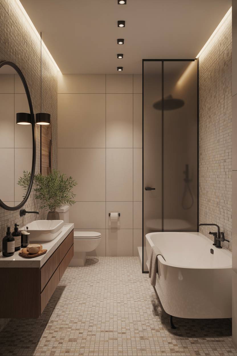 23 Modern Luxury Bathroom Design Ideas for a Stylish Home 7 Luxury bathroom with black fixtures, beige mosaic tiles, and freestanding oval bathtub