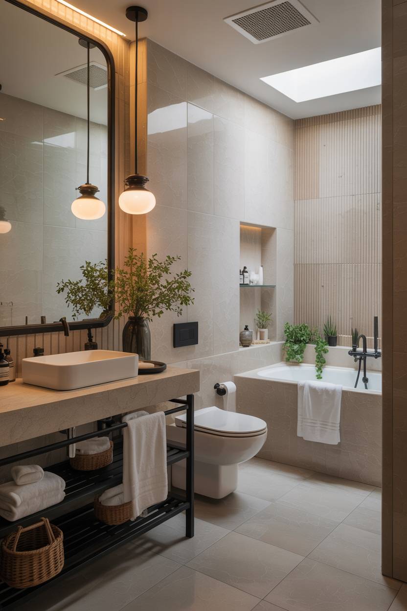 23 Modern Luxury Bathroom Design Ideas for a Stylish Home 8 Modern bathroom with industrial black metal shelf, pendant lights, and marble-look tile