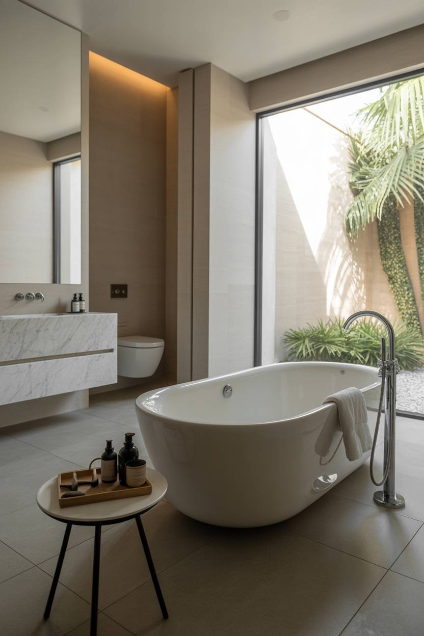 23 Modern Luxury Bathroom Design Ideas for a Stylish Home 9 Luxury bathroom featuring white freestanding bathtub with chrome faucet and garden view