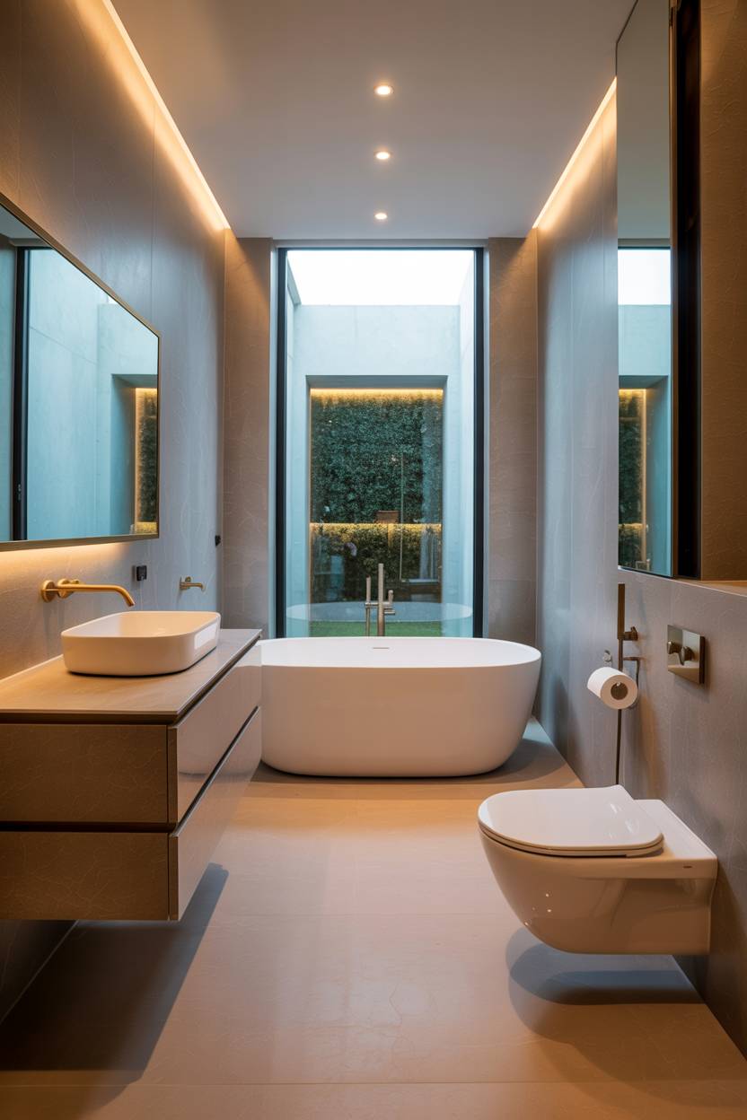 23 Modern Luxury Bathroom Design Ideas for a Stylish Home 10 Contemporary bathroom with floating vanity, brushed gold hardware, and LED lighting