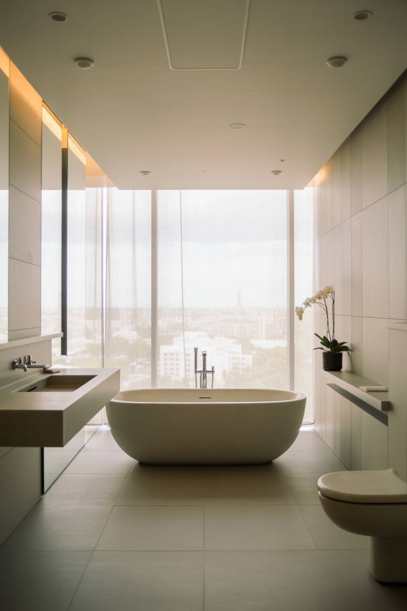 23 Modern Luxury Bathroom Design Ideas for a Stylish Home 11 Modern bathroom with freestanding tub, cityscape view, and minimalist floating fixtures