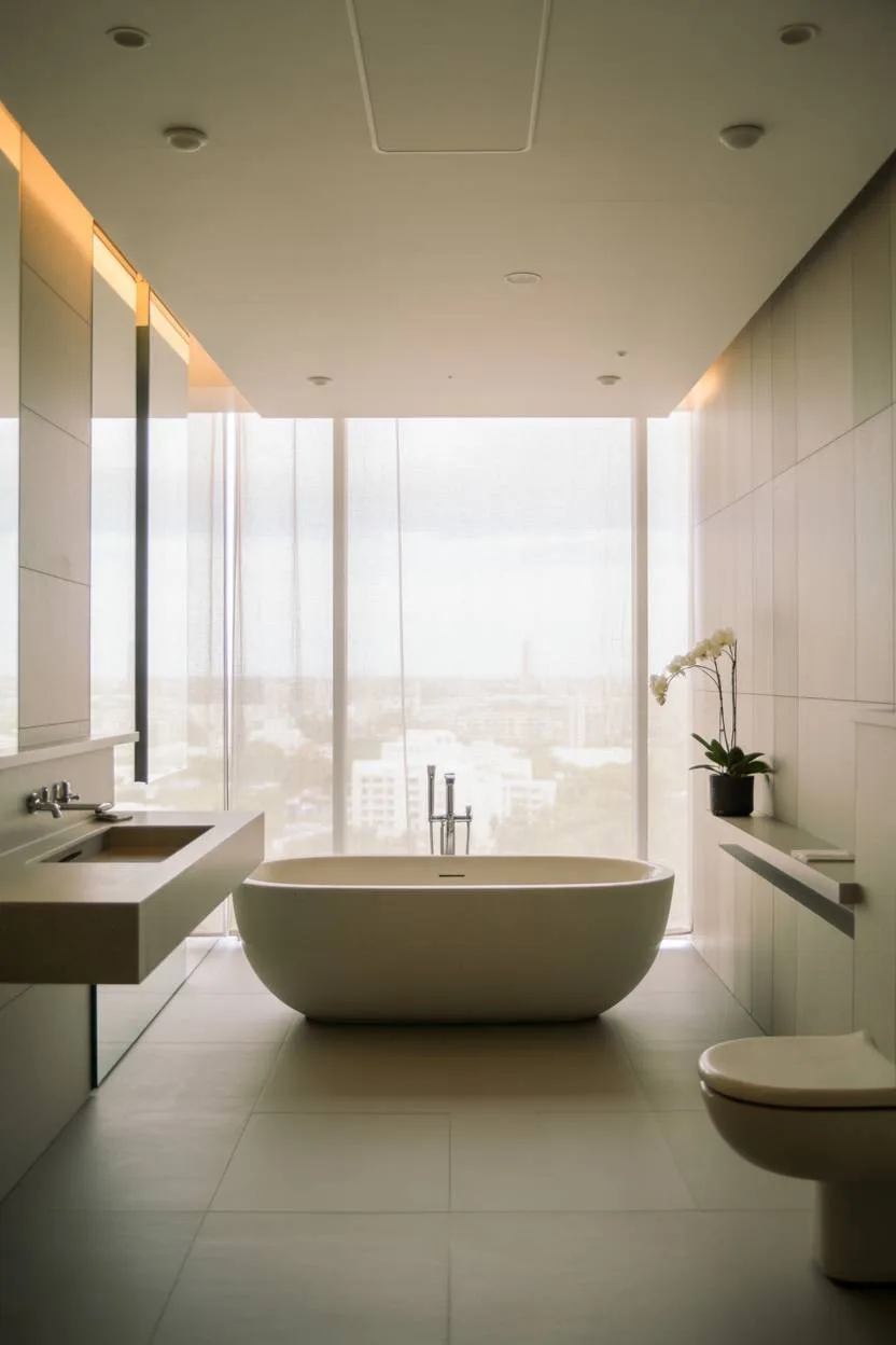 23 Modern Luxury Bathroom Design Ideas for a Stylish Home 11 Modern bathroom with freestanding tub, cityscape view, and minimalist floating fixtures