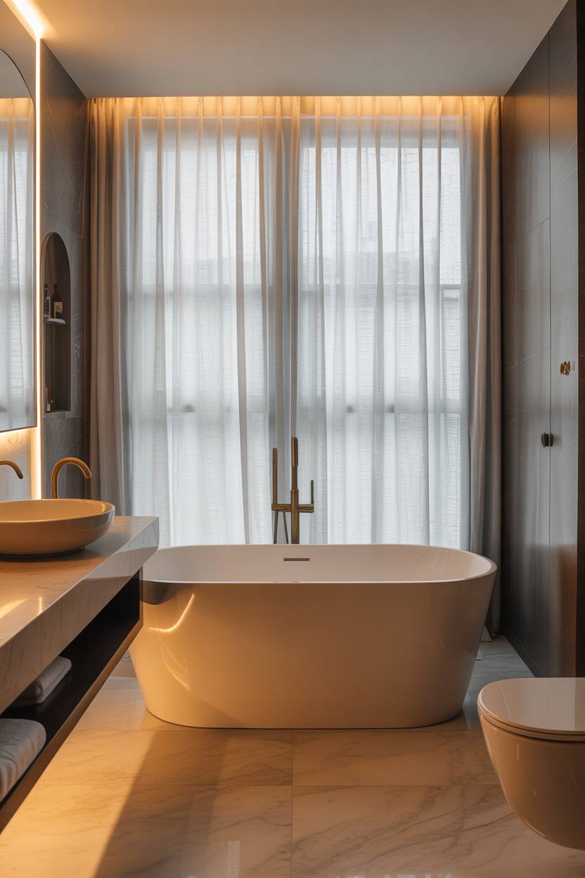 23 Modern Luxury Bathroom Design Ideas for a Stylish Home 12 Luxury bathroom with freestanding white tub, linen curtains, and muted gray color palette