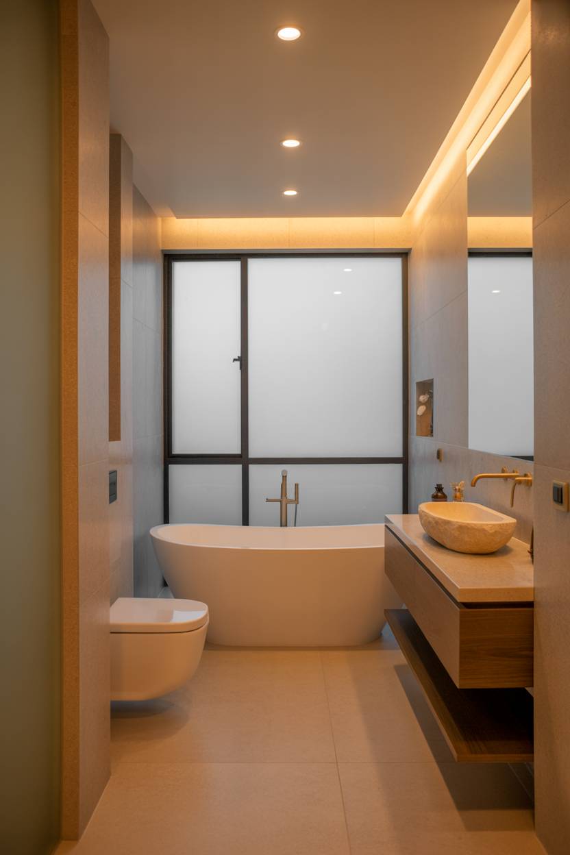 23 Modern Luxury Bathroom Design Ideas for a Stylish Home 13 Contemporary bathroom featuring freestanding tub, walnut floating vanity, and geometric design