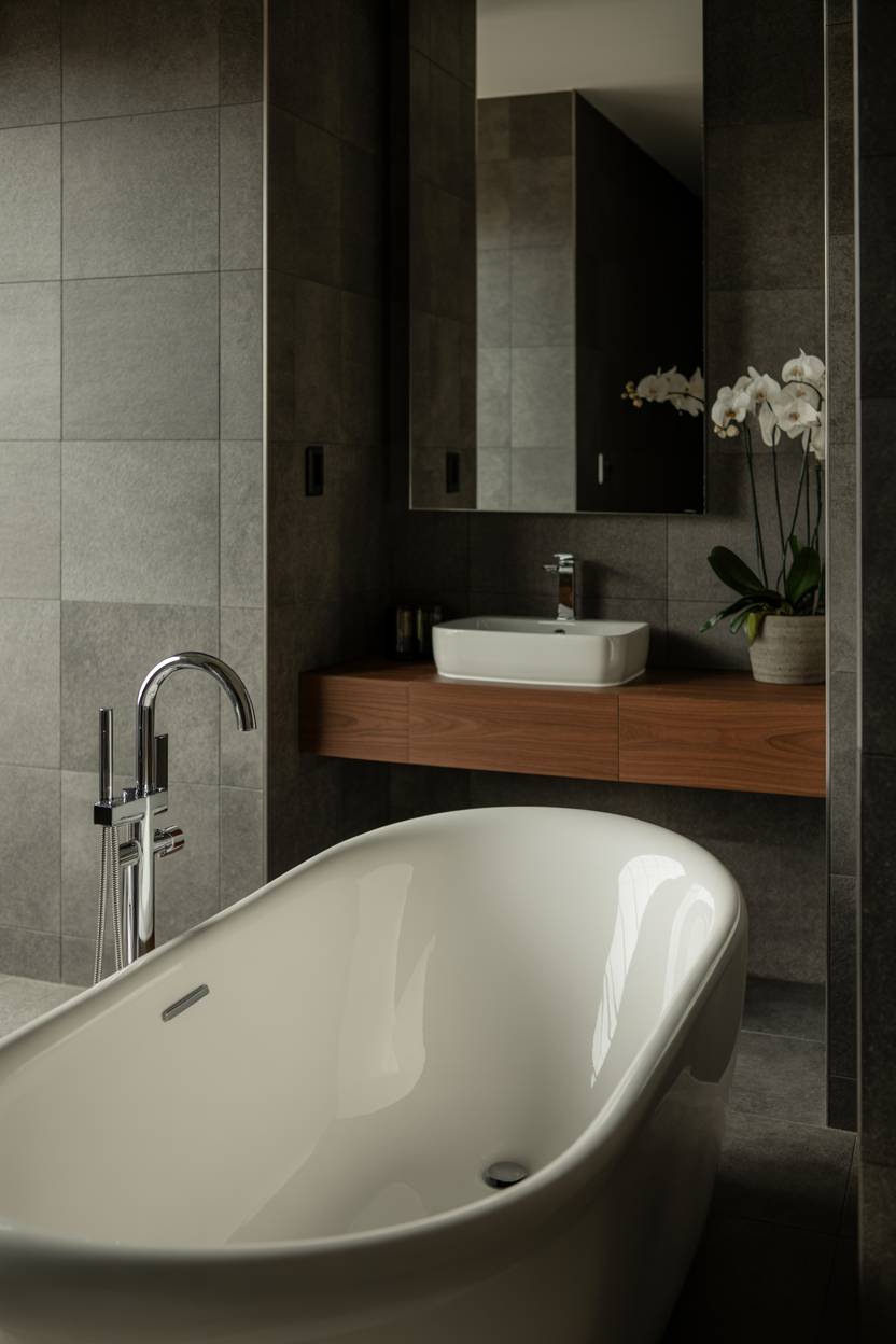 23 Modern Luxury Bathroom Design Ideas for a Stylish Home 14 Modern luxury bathroom with textured gray tiles, freestanding tub, and circular mirror