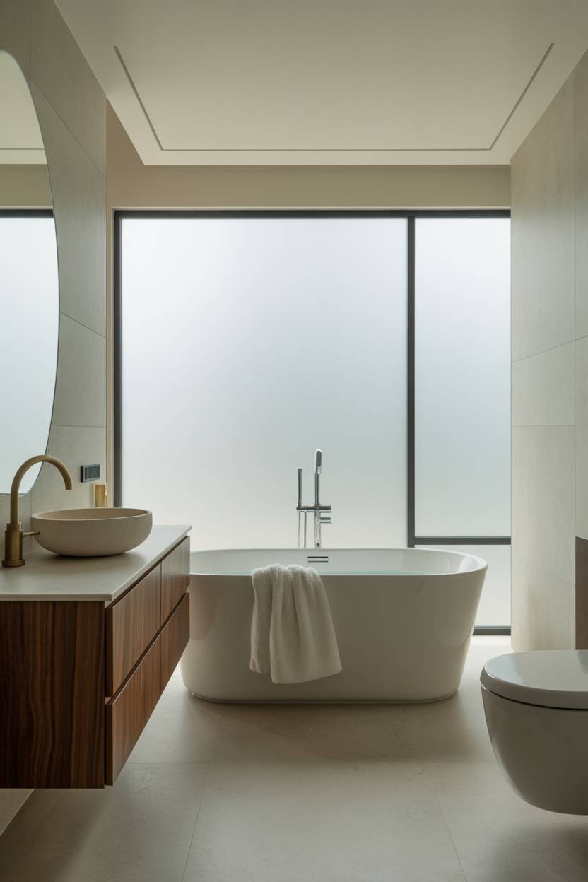 23 Modern Luxury Bathroom Design Ideas for a Stylish Home 15 Minimalist bathroom with freestanding tub, walnut vanity, and LED-integrated mirror