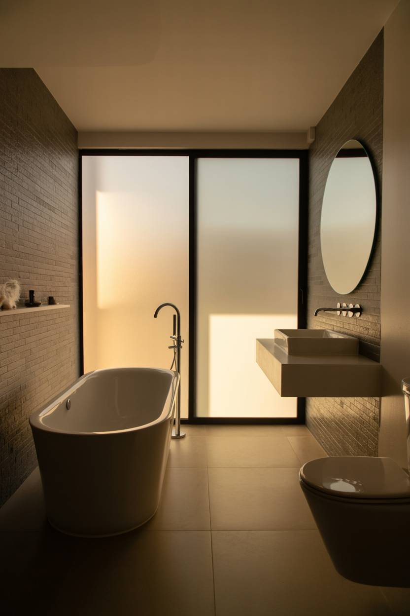 23 Modern Luxury Bathroom Design Ideas for a Stylish Home 16 Modern bathroom with freestanding chrome-faucet tub and textured gray tile wall