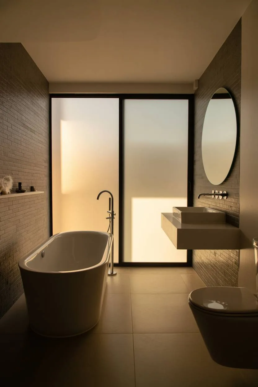 23 Modern Luxury Bathroom Design Ideas for a Stylish Home 16 Modern bathroom with freestanding chrome-faucet tub and textured gray tile wall