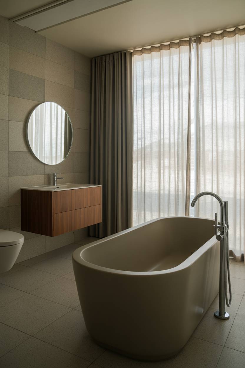 23 Modern Luxury Bathroom Design Ideas for a Stylish Home 17 Luxury bathroom featuring freestanding tub, linen curtains, and LED-integrated vanity mirror