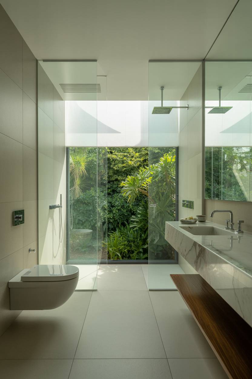 23 Modern Luxury Bathroom Design Ideas for a Stylish Home 18 Master bathroom with marble sink, wall-mounted toilet, and garden view window