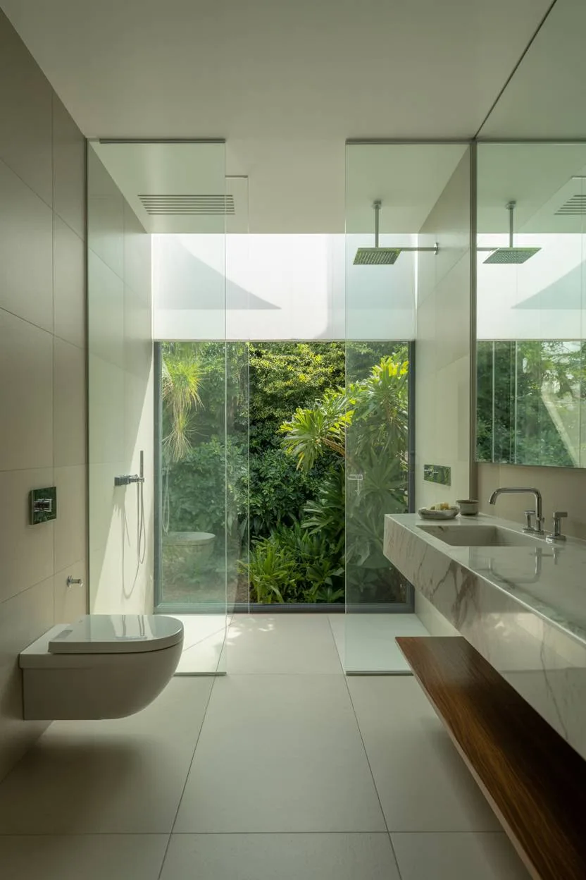 23 Modern Luxury Bathroom Design Ideas for a Stylish Home 18 Master bathroom with marble sink, wall-mounted toilet, and garden view window