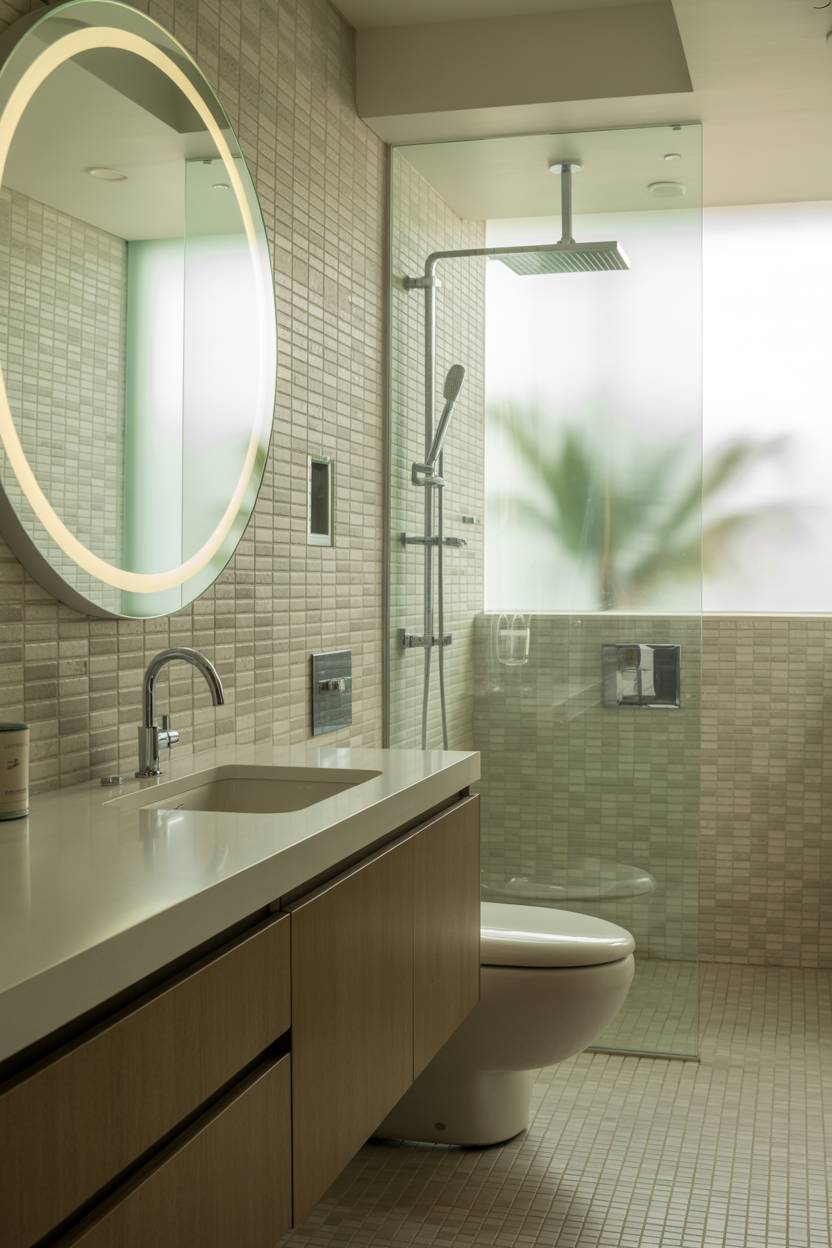 23 Modern Luxury Bathroom Design Ideas for a Stylish Home 19 Modern master bathroom with floating vanity, LED mirror, and textured grey tile shower
