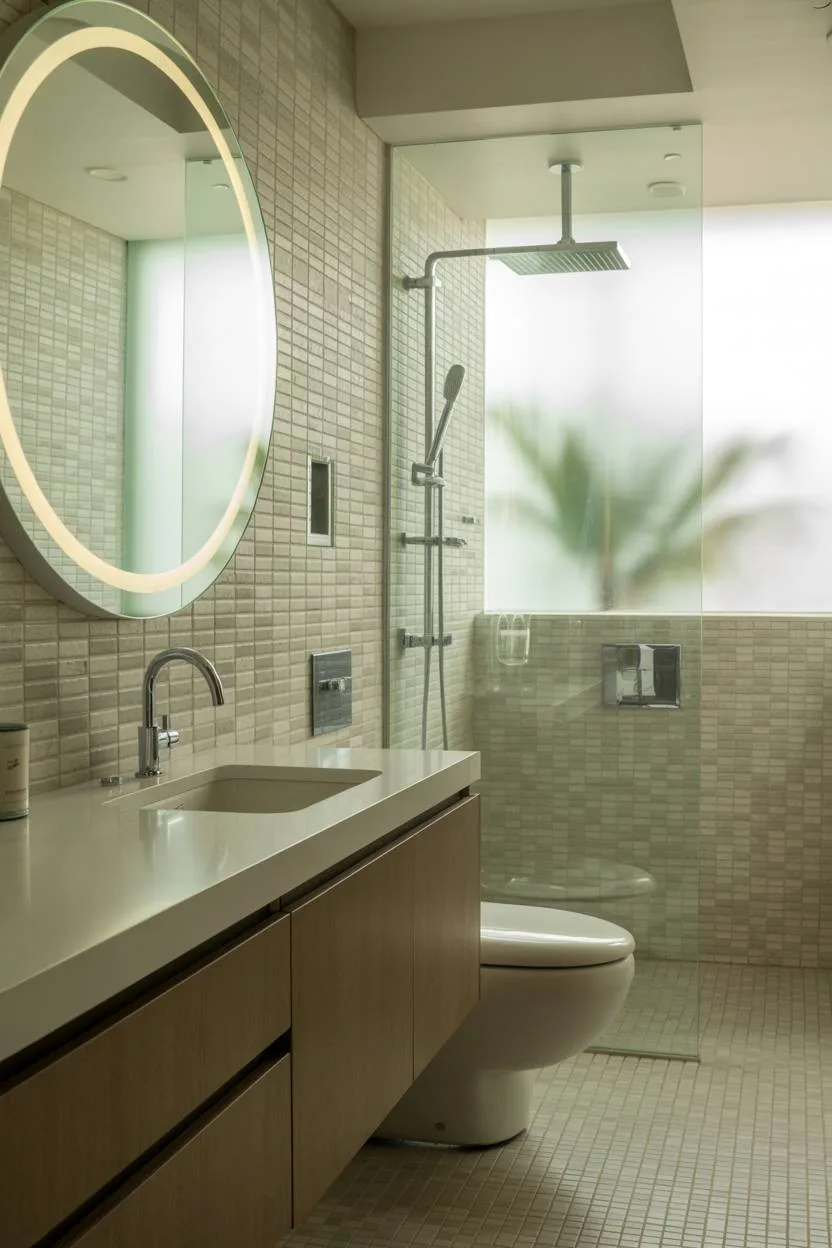 23 Modern Luxury Bathroom Design Ideas for a Stylish Home 19 Modern master bathroom with floating vanity, LED mirror, and textured grey tile shower