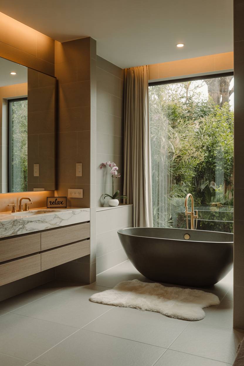 23 Modern Luxury Bathroom Design Ideas for a Stylish Home 20 Luxurious bathroom with matte black oval tub, garden window view, and marble countertop