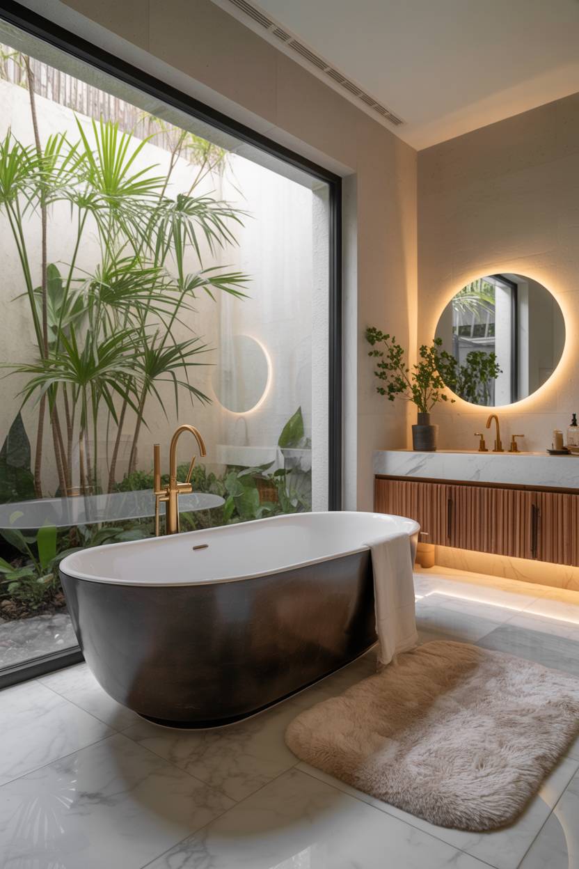 23 Modern Luxury Bathroom Design Ideas for a Stylish Home 21 Master bathroom with matte black oval tub, brass waterfall faucet, and LED mirror