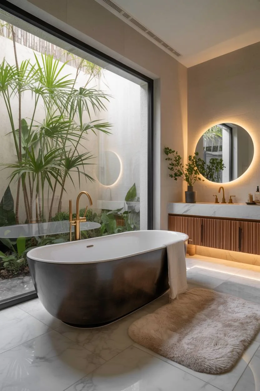 23 Modern Luxury Bathroom Design Ideas for a Stylish Home 21 Master bathroom with matte black oval tub, brass waterfall faucet, and LED mirror