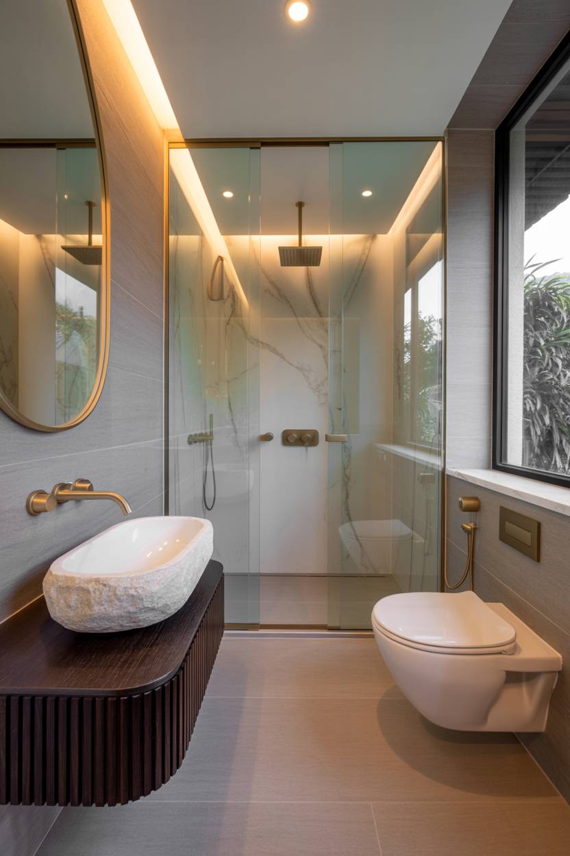 23 Modern Luxury Bathroom Design Ideas for a Stylish Home 22 Modern master bathroom with floating sink, bidet toilet, and marble shower tiles